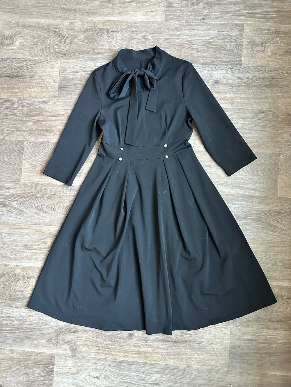 Black A-Line Midi Dress with Bow Neckline & Button Detail Size M Work Party